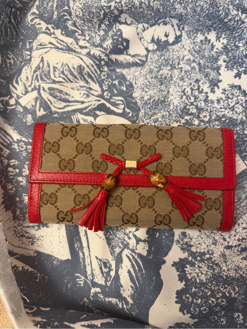 Gucci GG Canvas Wallet with Red Leather Trim and Tassels